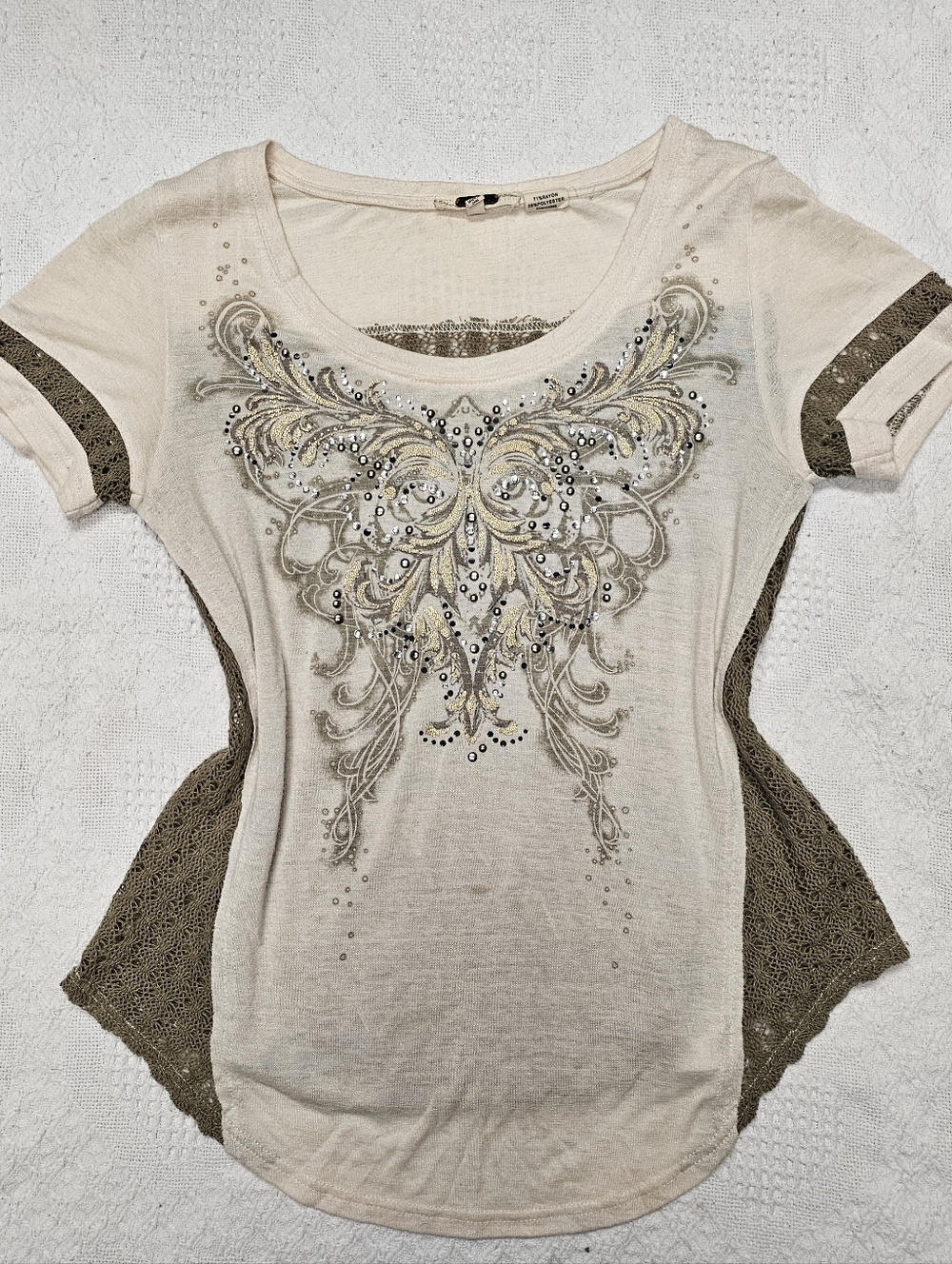 Miss Me Cream Rhinestone Womens Tee With Butterfly Rhinestone Detail